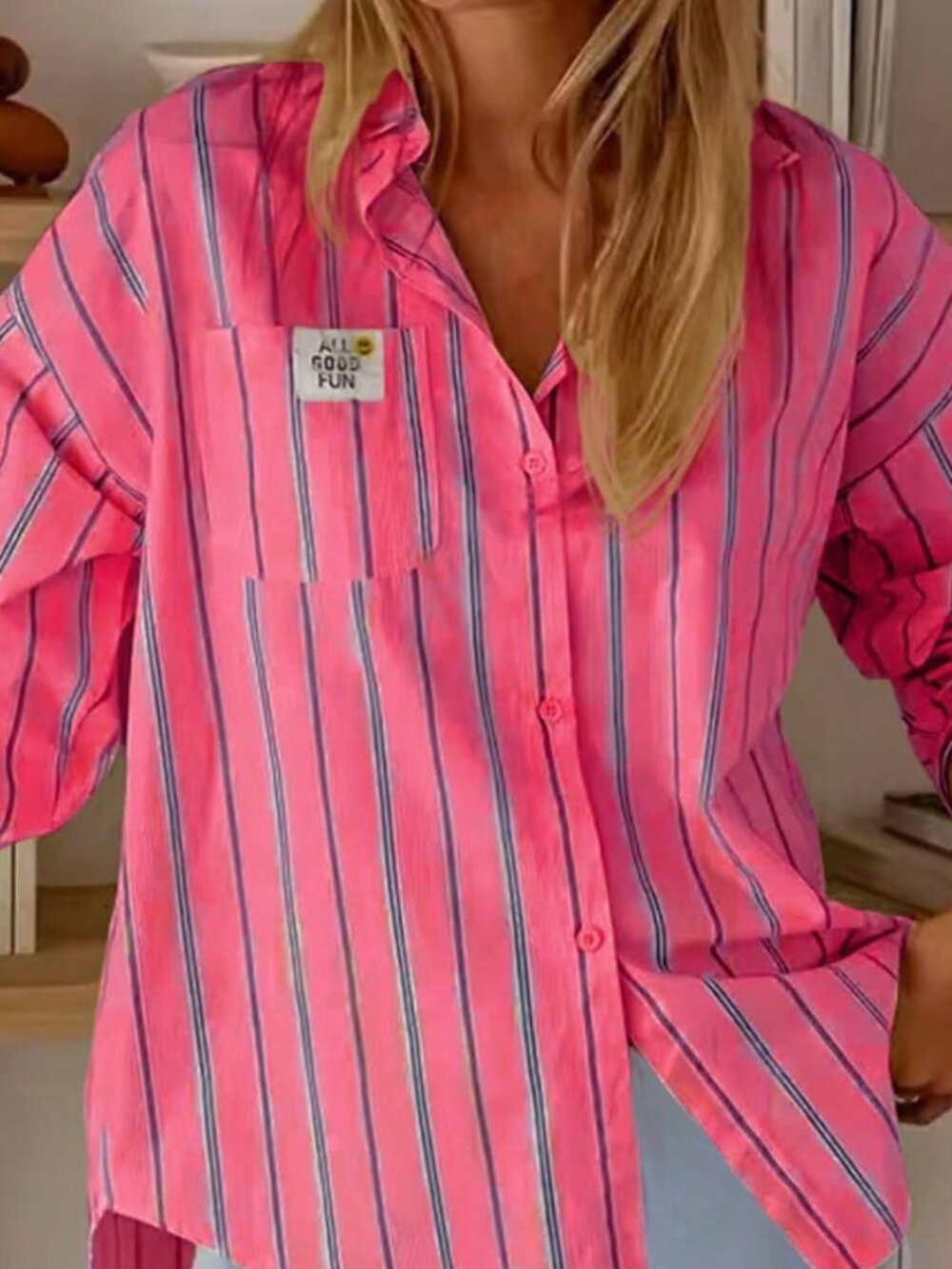 Pink Casual Women's Striped Pocket Front Button Back Button Long Sleeve Shirt - Picture 5 of 5